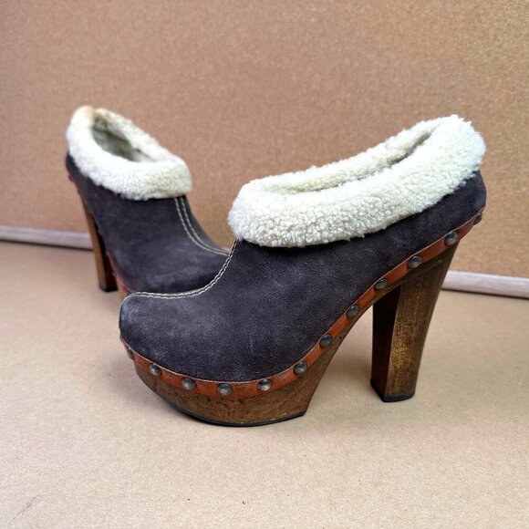 Miu Miu Winter Suede Fur Brown Cottage Studded Clog Heels EU Size 37 / US 7 - Picture 1 of 7